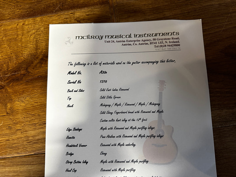 McIlroy A30c East Indian Rosewood/Sitka Spruce Natural 2023