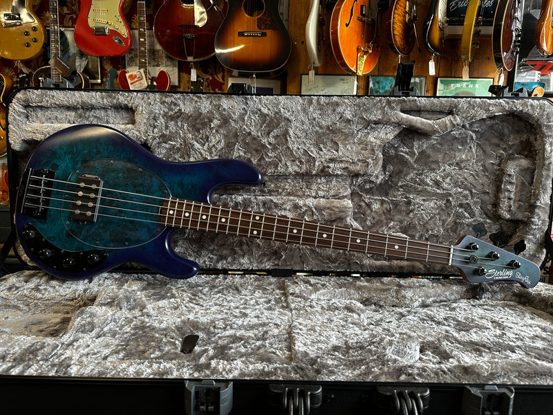 Sterling by Music Man Stingray Ray34 Poplar Burl Neptune Blue Satin