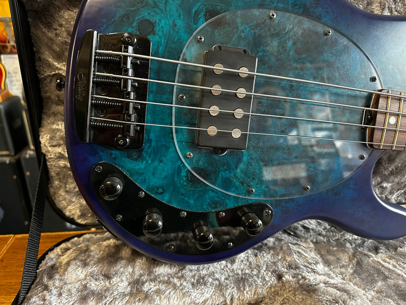 Sterling by Music Man Stingray Ray34 Poplar Burl Neptune Blue Satin