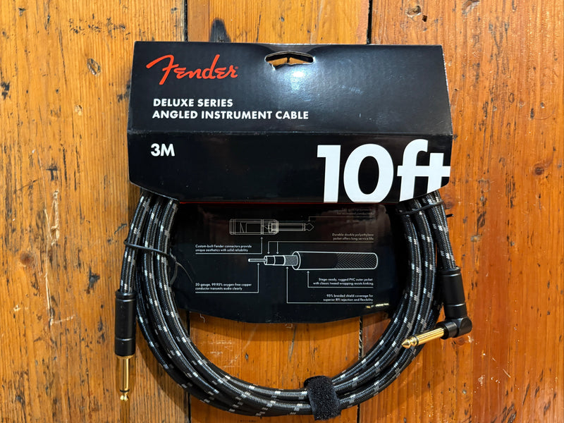 Fender Deluxe 10ft Straight/Angle Instrument Cable, Black Tweed