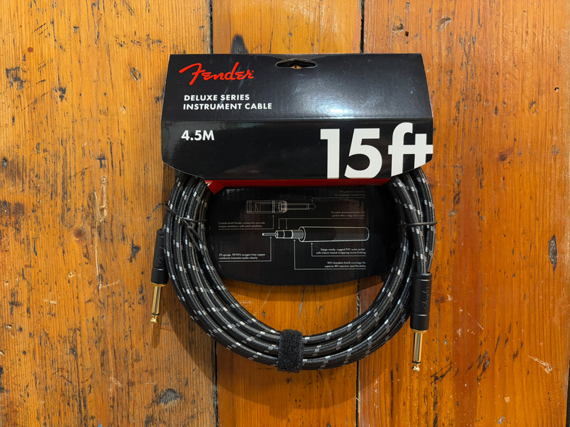 Fender Deluxe 15ft Straight/Straight Instrument Cable, Black Tweed