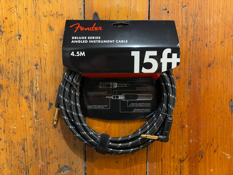 Fender Deluxe 15ft Straight/Angle Instrument Cable, Black Tweed